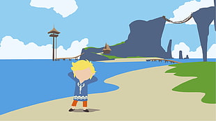 animated character near ocean