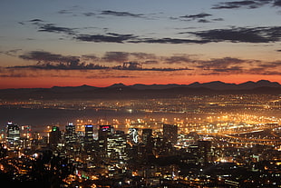 aerial photo of city, Cape Town, lights, sunrise, Mother City