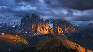 brown rocky mountain, landscape, mountains, snowy peak, clouds HD wallpaper