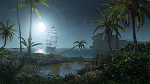 galleon ship on the body of water near island wallpaper