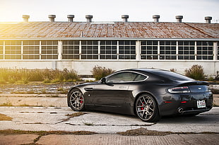 black Aston Martin coupe, car, black cars, building, urban