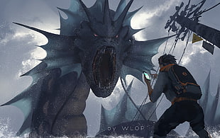 man standing in front of dragon digital wallpaper, fantasy art, Pokémon, WLOP, Pokemon Go