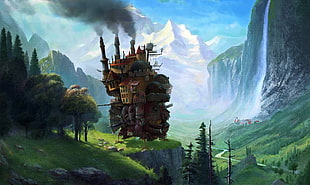 pedestal house near waterfalls wallpaper, Hayao Miyazaki, Howl's Moving Castle, mash-ups, digital art