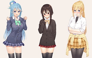 three female anime characters standing illustration