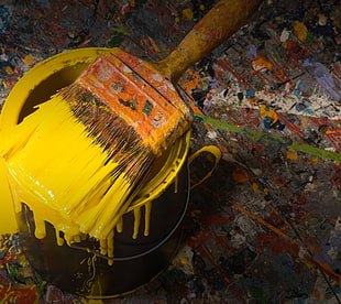 yellow and black plastic toy, yellow, painting, paint splatter, paintbrushes HD wallpaper