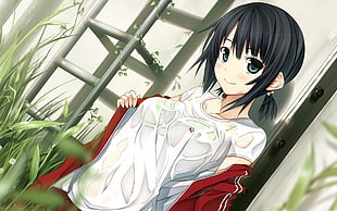 girl with black short hair wearing white shirt illustration