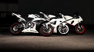 three white sport bikes, Honda, Honda CBR, motorcycle, cbr 600 rr