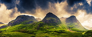 green mountain, mountains, clouds, grass, Scotland HD wallpaper