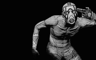 man illustration with gas mask, Borderlands, Borderlands 2, monochrome, video games