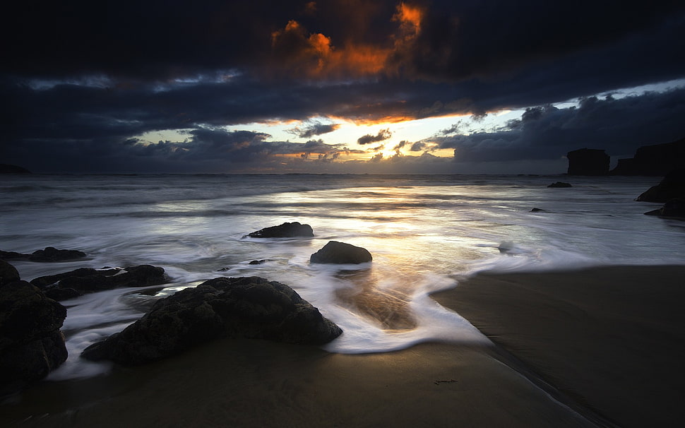 ocean and rocks, beach, nature HD wallpaper