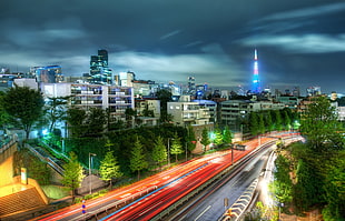 aerial view on city with high-rise buildings viewing asphalted road at night, japan HD wallpaper
