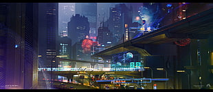 city building illustration, cyber, cyberpunk, science fiction, fantasy art