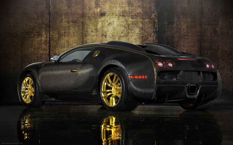 black sports car, car, Bugatti Veyron, Bugatti Veyron Linea Vincero d'Oro, Mansory HD wallpaper