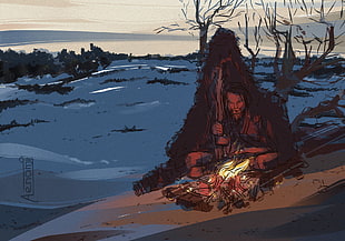 man in front of bonfire artwork, artwork, Aenami, The Revenant