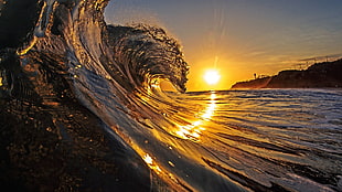 ocean wave, sea, sunrise, island HD wallpaper
