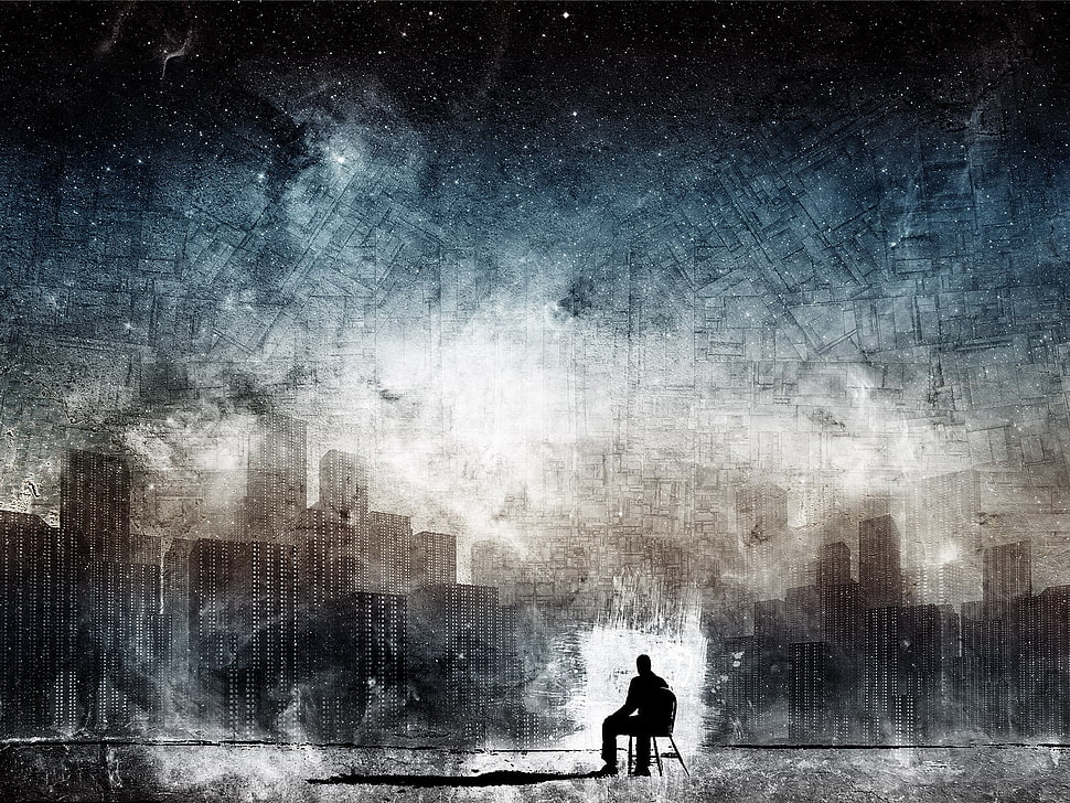 silhouette of man sitting near cityscape painting, people, cityscape, artwork, digital art HD wallpaper