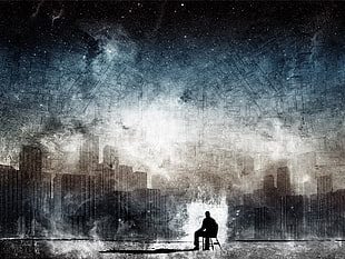 silhouette of man sitting near cityscape painting, people, cityscape, artwork, digital art