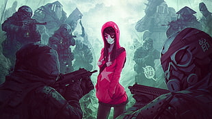 female wearing red hoodie digital wallpaper