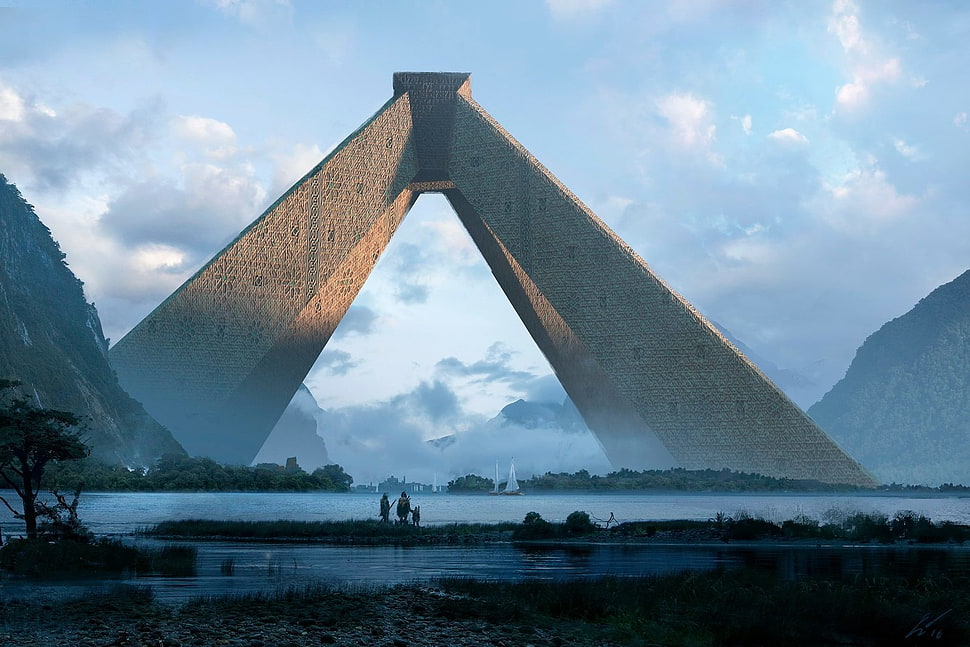 brown concrete pyramid, fantasy art, espen olsen, artwork, science fiction HD wallpaper