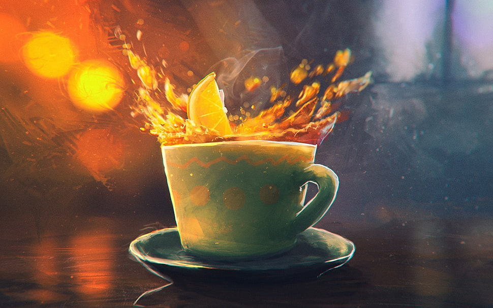 green ceramic cup painting, Sylar, artwork, tea, splashes HD wallpaper