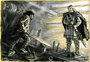 two men carrying swords illustration, painting, Vikings, Nicolai Kochergin, sword