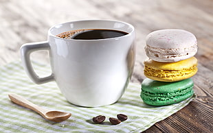 white mug and three French macaroons, drink, hot drink, coffee HD wallpaper
