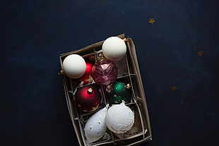 white, red, and green baubles