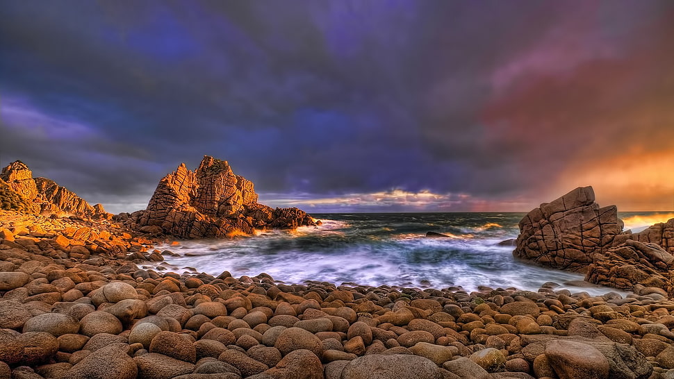 brown rock formation, coast, stones, sea, clouds HD wallpaper