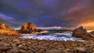 brown rock formation, coast, stones, sea, clouds
