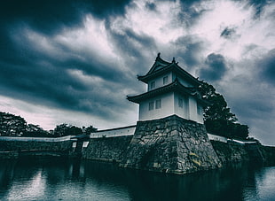 architectural photography of white pagoda under cumulus nimbus clouds, japan