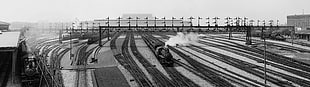 train, monochrome, steam locomotive, rail yard HD wallpaper
