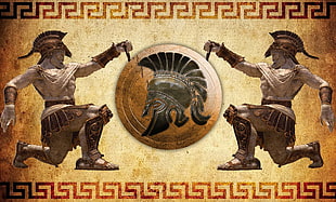 two brown and black horse figurines, coats of arms, Greek HD wallpaper
