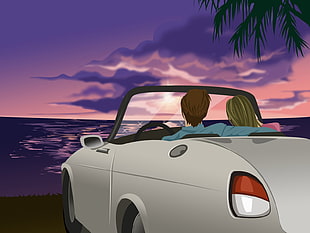 man and woman in convertible coupe facing sea illustration