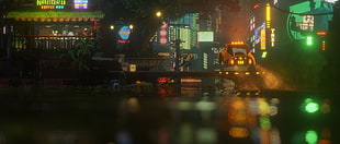 store and car illustration, cyberpunk, the last nigh, video games, pixel art