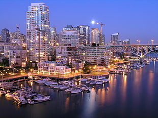 aerial photography of port during nighttime, downtown vancouver HD wallpaper