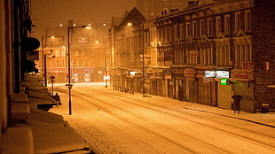 architectural photo of buildings, street, snow, city