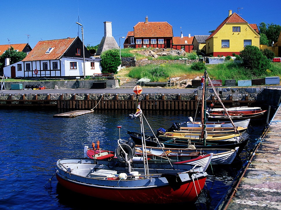 assorted-color boat lot, ports, boat, house, Denmark HD wallpaper