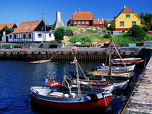 assorted-color boat lot, ports, boat, house, Denmark HD wallpaper