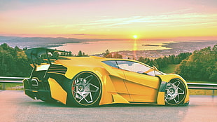 yellow coupe, Sun, landscape, supercars, vehicle HD wallpaper