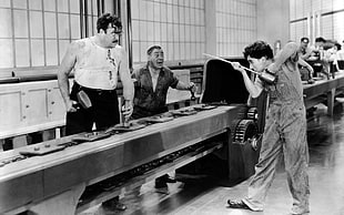 men's tank top, Modern Times, Charlie Chaplin, film stills, monochrome