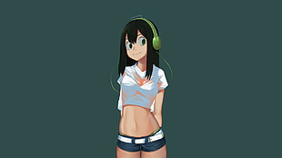 green headphones illustration, Boku no Hero Academia, Tsuyu Asui, simple background