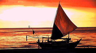black and yellow sail boat, sailing ship, sea, sunset, vehicle