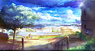 green tree painting, anime, city, clouds
