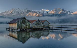 white dock, nature, landscape, mountains, snow
