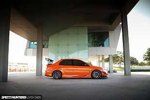orange coupe with text overlay, Mitsubishi Lancer EVO, tuning, Speedhunters, car