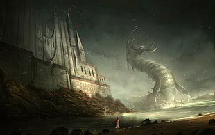 digital illustration of gray sea monster near gray castle