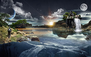 waterfalls digital wallpepr, fantasy art, digital art, planet, water HD wallpaper