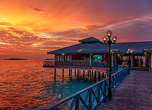 cottage house, Maldives, restaurant, sunset, sea HD wallpaper