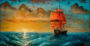 brown boat painting, artwork, ship