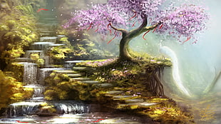 pink leaf trees and waterfalls painting, fantasy art